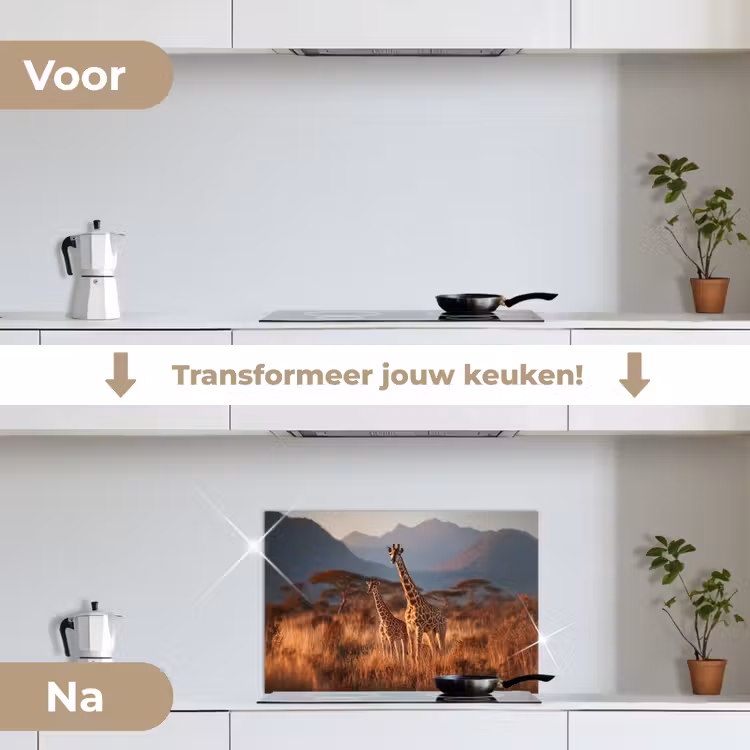 Giraffen - Hoog gras - Acaciabomen keuken achterwand spatscherm klein -voor_na_NL