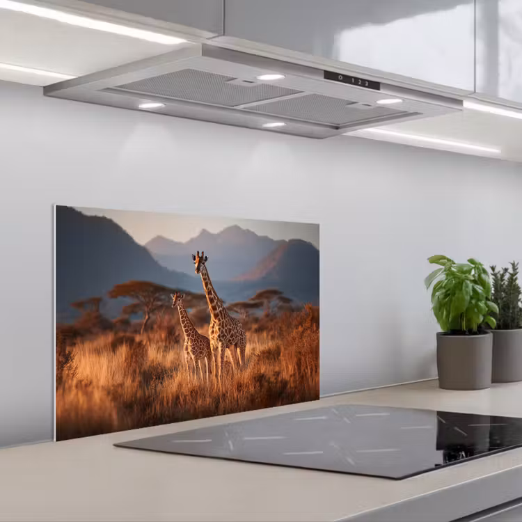 Giraffen - Hoog gras - Acaciabomen keuken achterwand spatscherm klein -3d_schuin