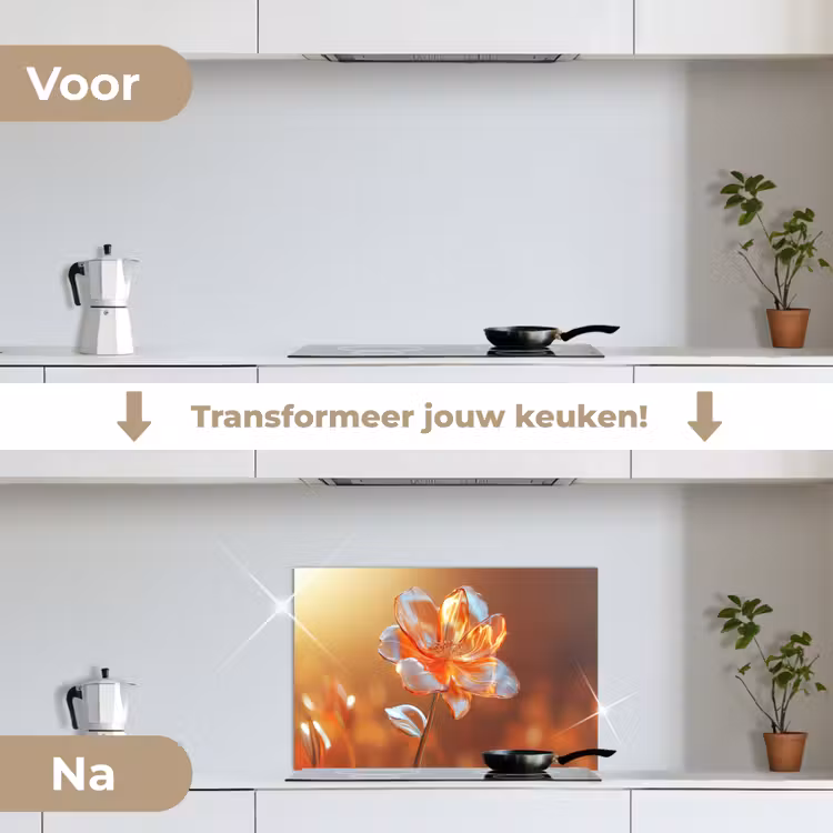 Glazen - Bloem - Zonlicht keuken achterwand spatscherm klein -voor_na_NL