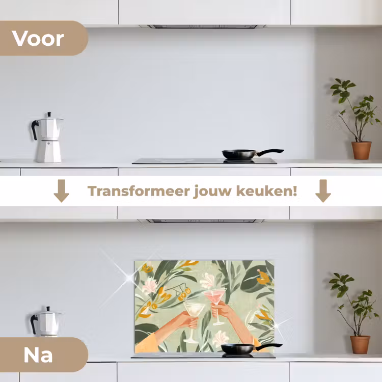 Glazen - Proosten - Bladeren - Groen keuken achterwand spatscherm klein -voor_na_NL