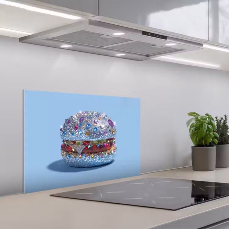 Glitters - Hamburger - Blauw keuken achterwand spatscherm klein -3d_schuin