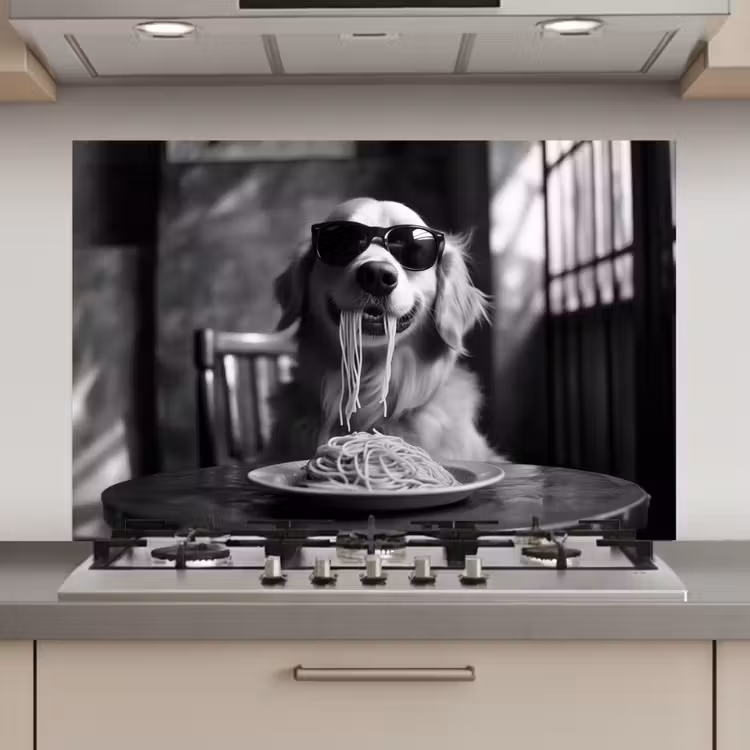 Golden Retriever - Hond - Vrolijk -  Bord spaghetti - Zwart - wit keuken achterwand spatscherm klein -3d_website