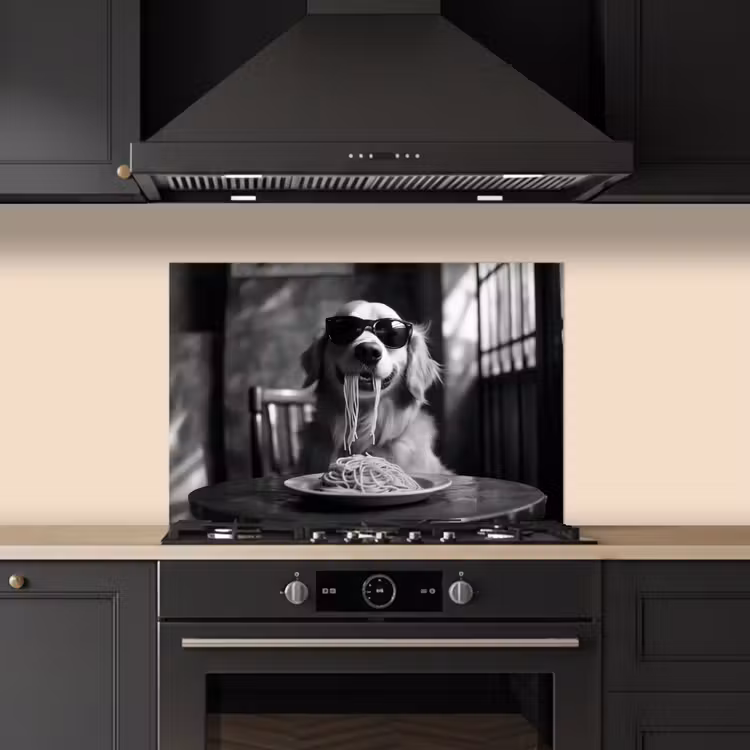 Golden Retriever - Hond - Vrolijk -  Bord spaghetti - Zwart - wit keuken achterwand spatscherm klein -sfeer1