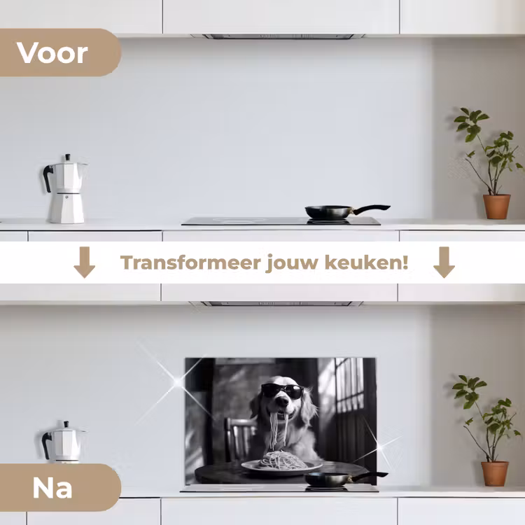 Golden Retriever - Hond - Vrolijk -  Bord spaghetti - Zwart - wit keuken achterwand spatscherm klein -voor_na_NL