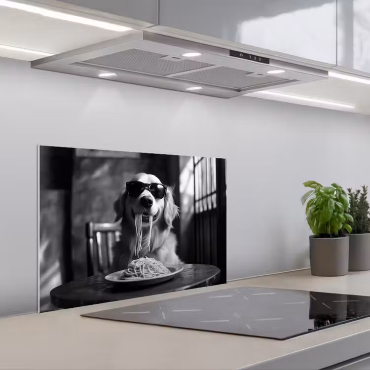 Golden Retriever - Hond - Vrolijk -  Bord spaghetti - Zwart - wit keuken achterwand spatscherm klein -3d_schuin