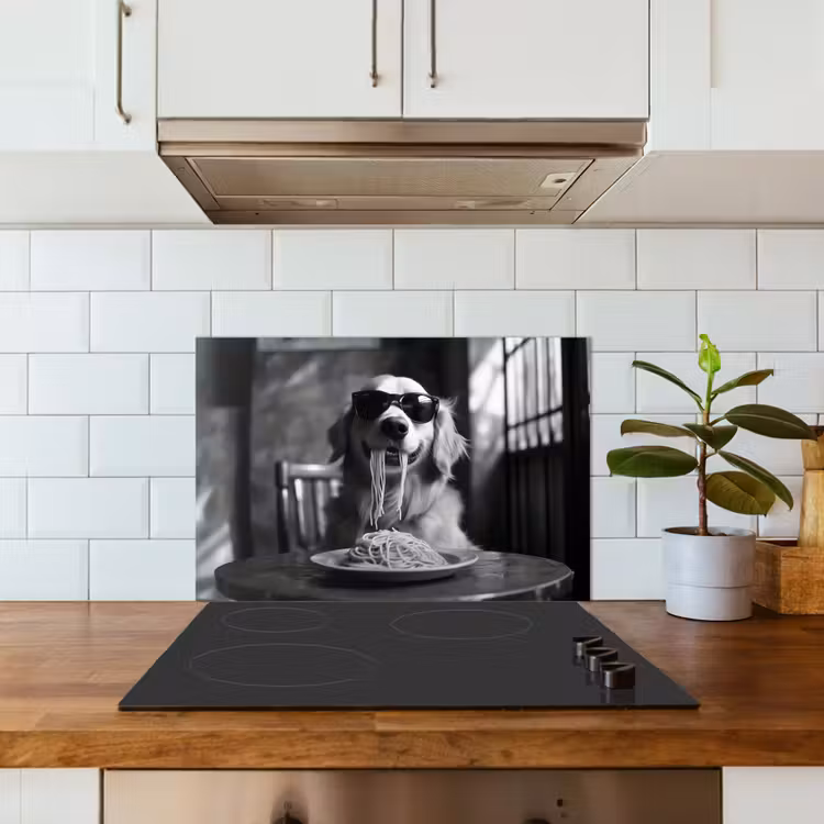 Golden Retriever - Hond - Vrolijk -  Bord spaghetti - Zwart - wit keuken achterwand spatscherm klein -sfeer2