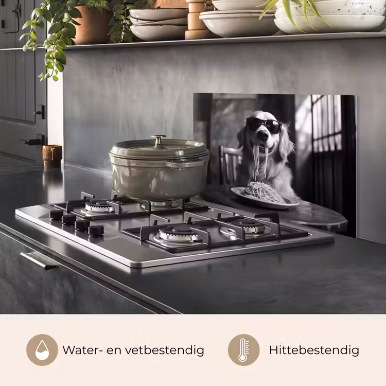Golden Retriever - Hond - Vrolijk -  Bord spaghetti - Zwart - wit keuken achterwand spatscherm klein -usp_NL