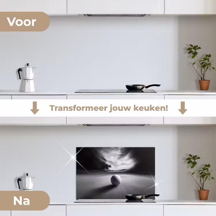 Golfbal - Wazig - Zwart keuken achterwand spatscherm klein -voor_na_NL
