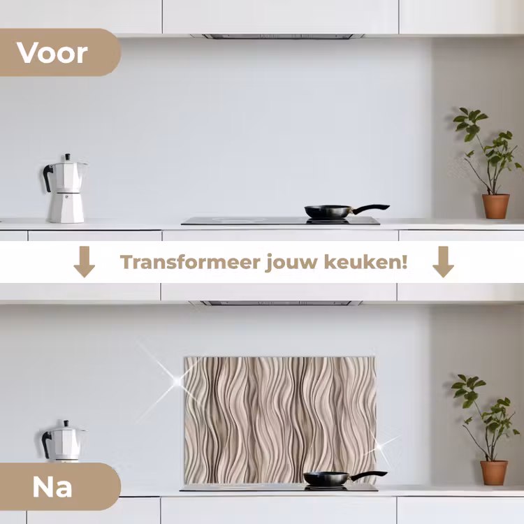 Golven - 3D - Crème keuken achterwand spatscherm klein 900 -voor_na_NL