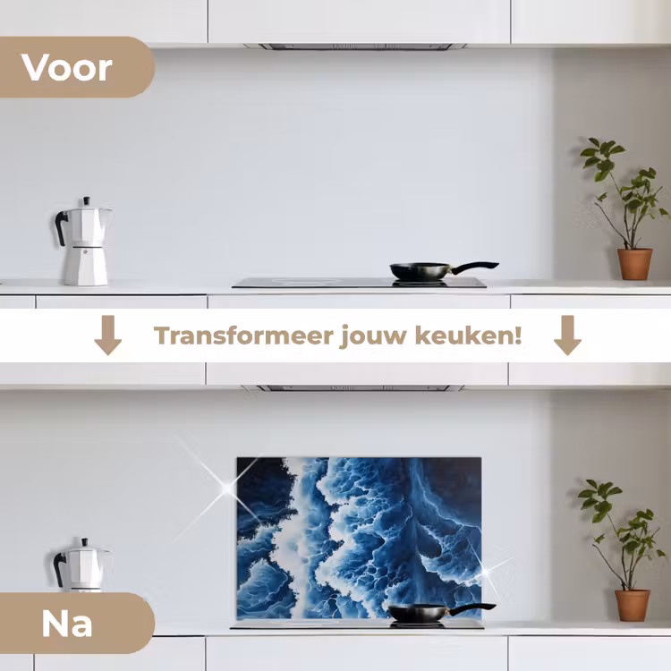 Golven - Blauw - Schuim keuken achterwand spatscherm klein -voor_na_NL