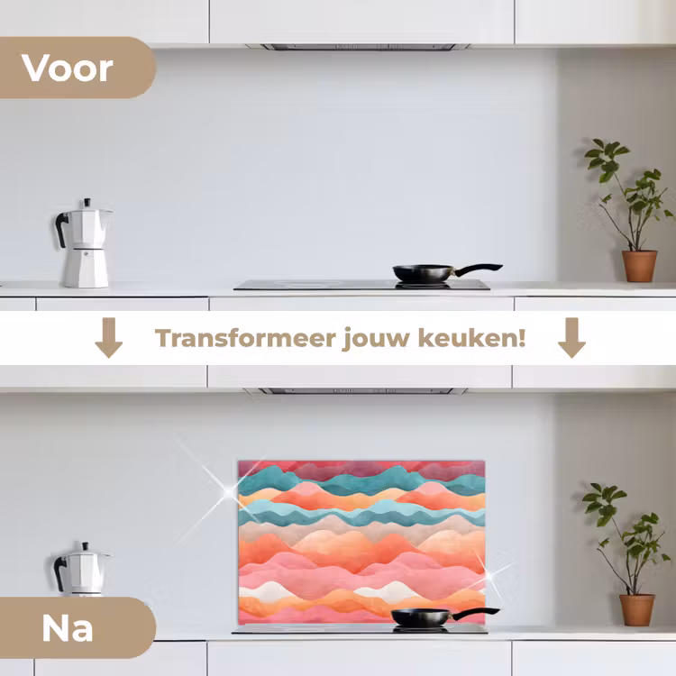 Golven - Kleurrijk - Abstract keuken achterwand spatscherm klein -voor_na_NL
