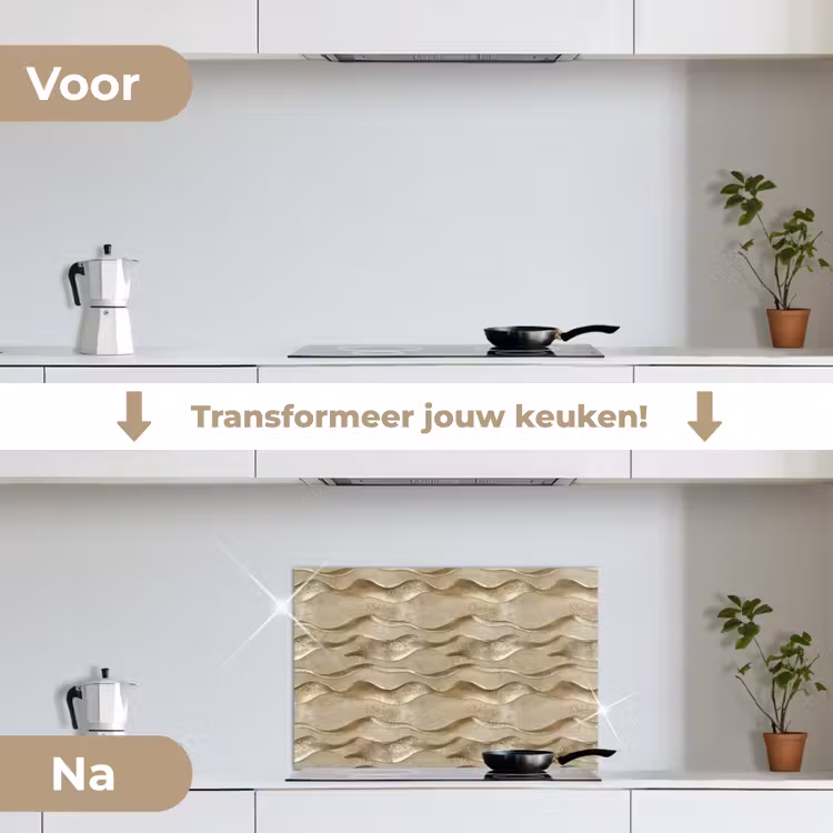 Golven - Patroon - Goud keuken achterwand spatscherm klein 900 -voor_na_NL