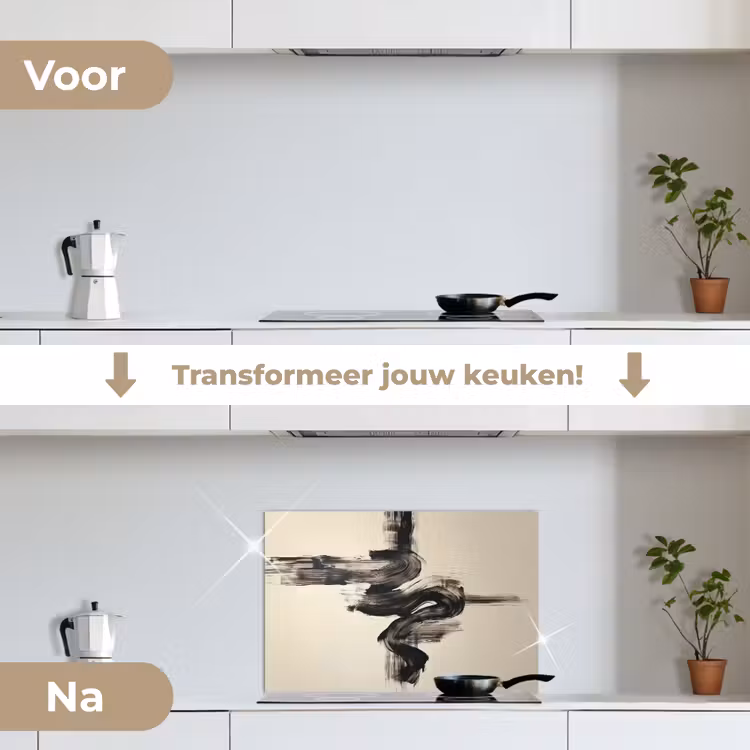 Golven - Penseelstreken - Beige - Minimalistisch keuken achterwand spatscherm klein -voor_na_NL