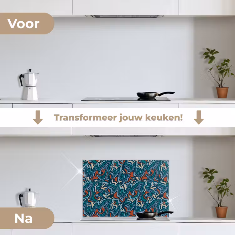 Golven - Retro - Blauw - Patroon keuken achterwand spatscherm klein 900 -voor_na_NL