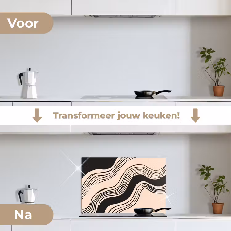 Golven - Zwart - Zandkleur keuken achterwand spatscherm klein -voor_na_NL