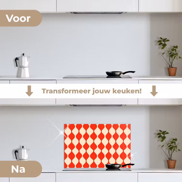Golvend patroon - Retro - Rood - Beige keuken achterwand spatscherm klein 900 -voor_na_NL