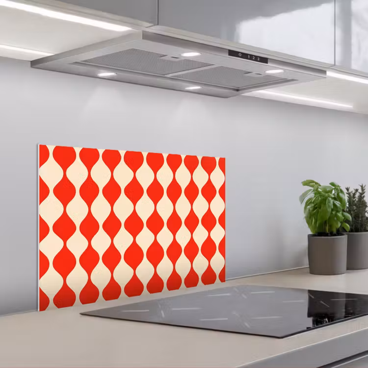Golvend patroon - Retro - Rood - Beige keuken achterwand spatscherm klein 900 -3d_schuin