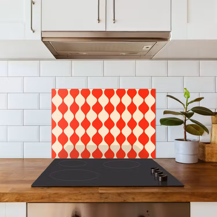 Golvend patroon - Retro - Rood - Beige keuken achterwand spatscherm klein 900 -sfeer2