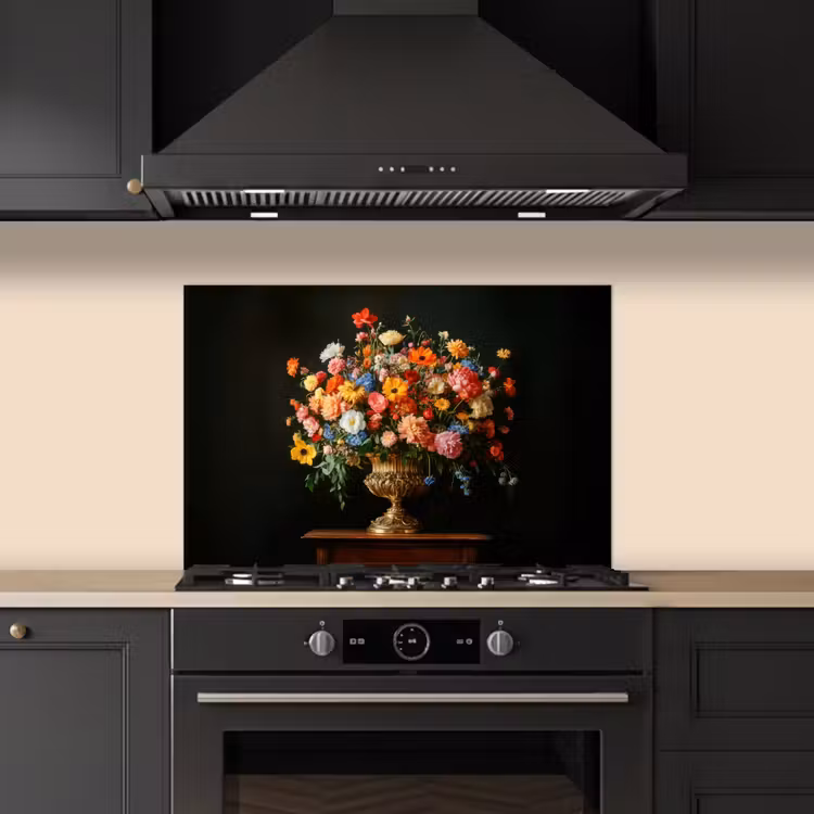 Goud - Bloemen - Kleuren - Vaas keuken achterwand spatscherm klein -sfeer1