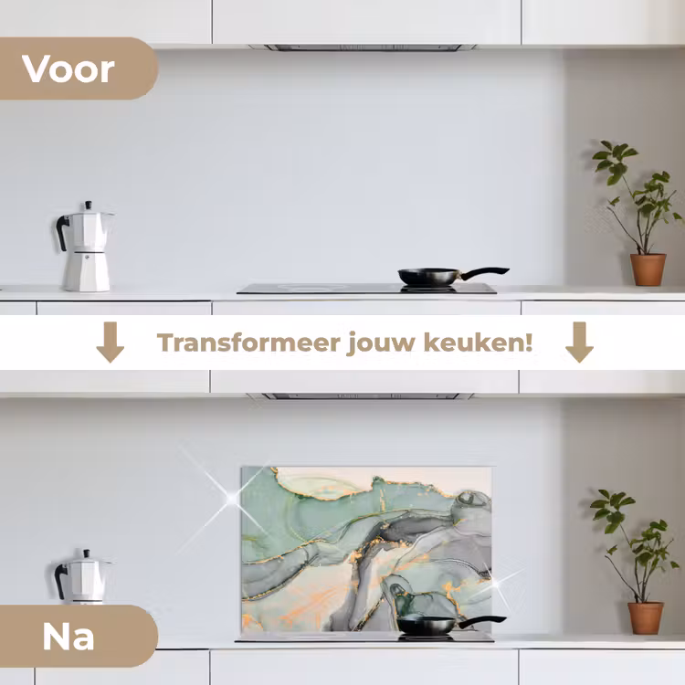Goud - Marmer - Groen - luxe - Glitter - Marmerlook keuken achterwand spatscherm klein -voor_na_NL