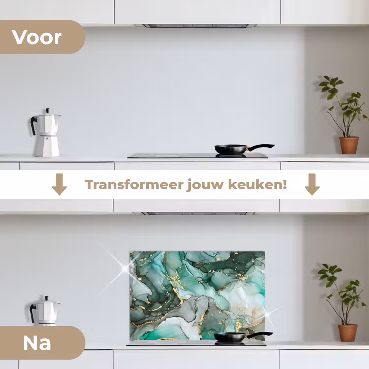 Goud - Marmer - Groen - Luxe - Marmerlook - Grijs keuken achterwand spatscherm klein -voor_na_NL
