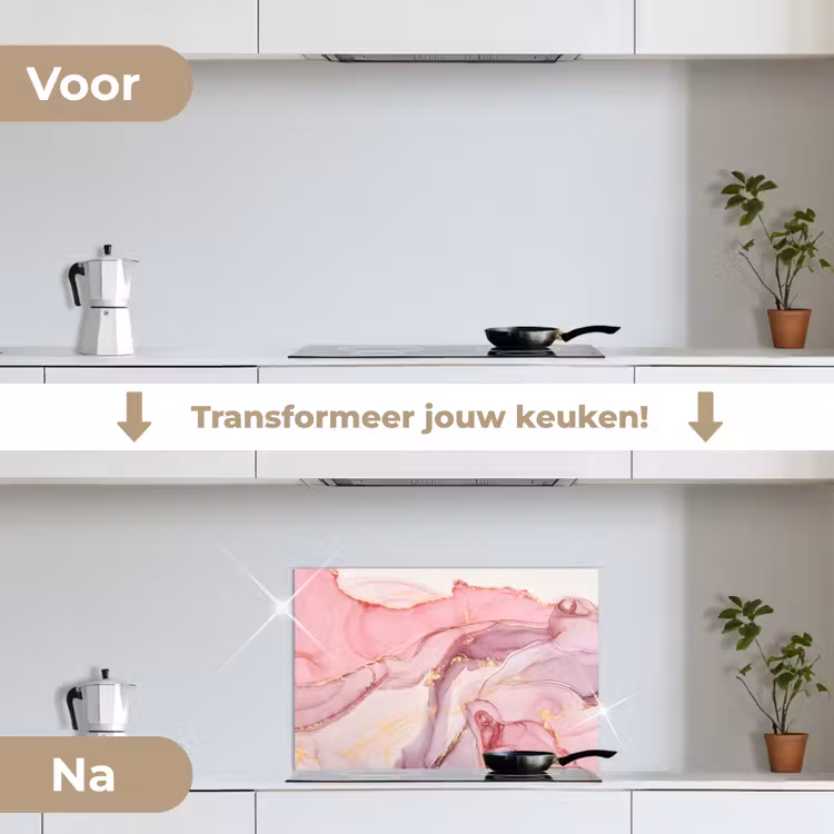 Goud - Marmer - Roze keuken achterwand spatscherm klein -voor_na_NL