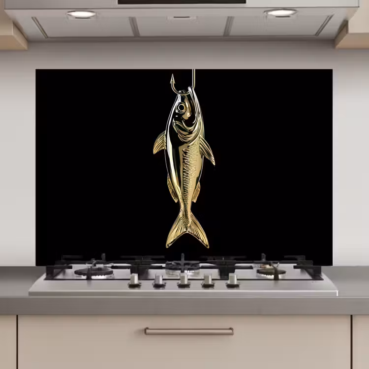 Goud - Vis - Haak - Zwart keuken achterwand spatscherm klein -3d_website