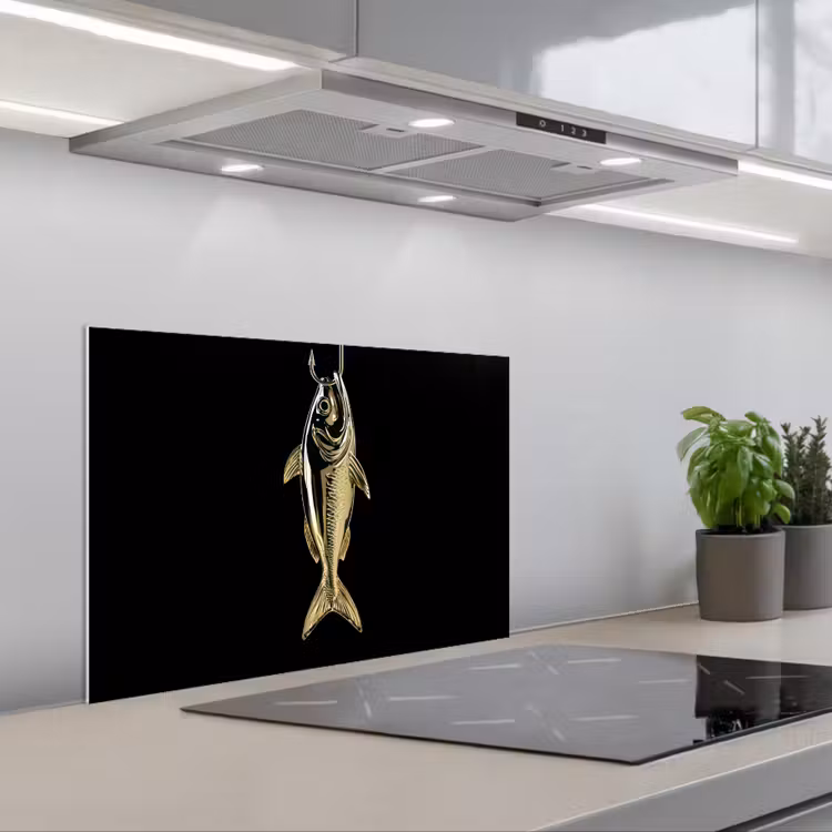 Goud - Vis - Haak - Zwart keuken achterwand spatscherm klein -3d_schuin