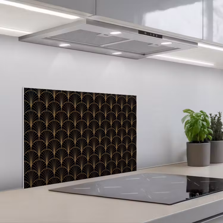 Gouden - Waaiers - Zwart keuken achterwand spatscherm klein 900 -3d_schuin