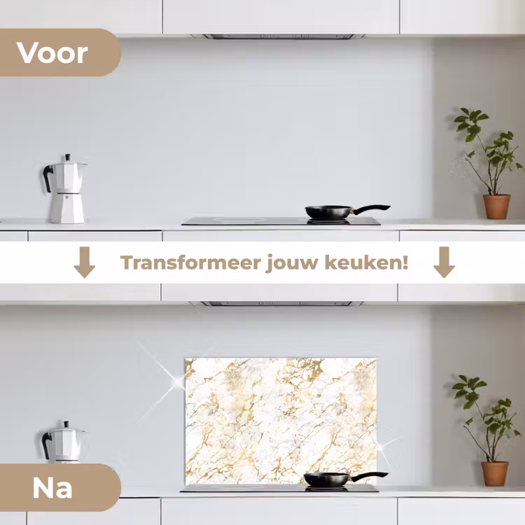 Goudspatten - Wit - Marmer keuken achterwand spatscherm klein 900 -voor_na_NL