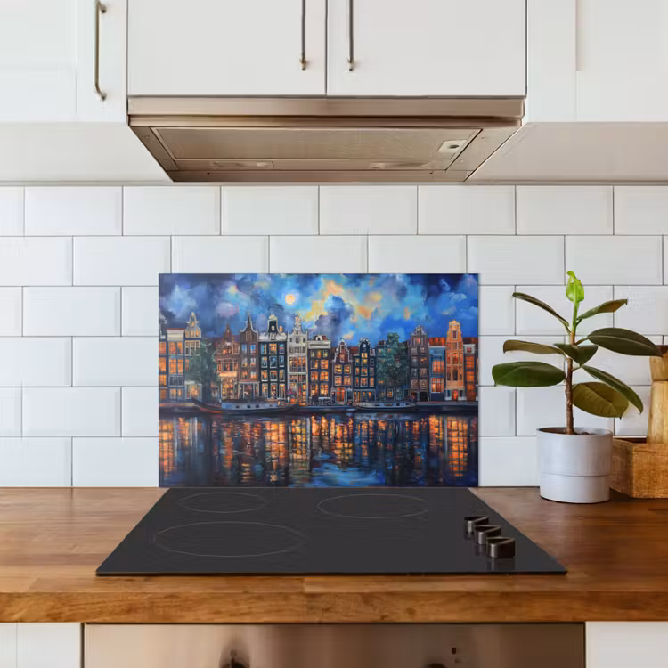 Grachten Amsterdam - Huizen - Stad - Kleurrijk keuken achterwand spatscherm klein -sfeer2