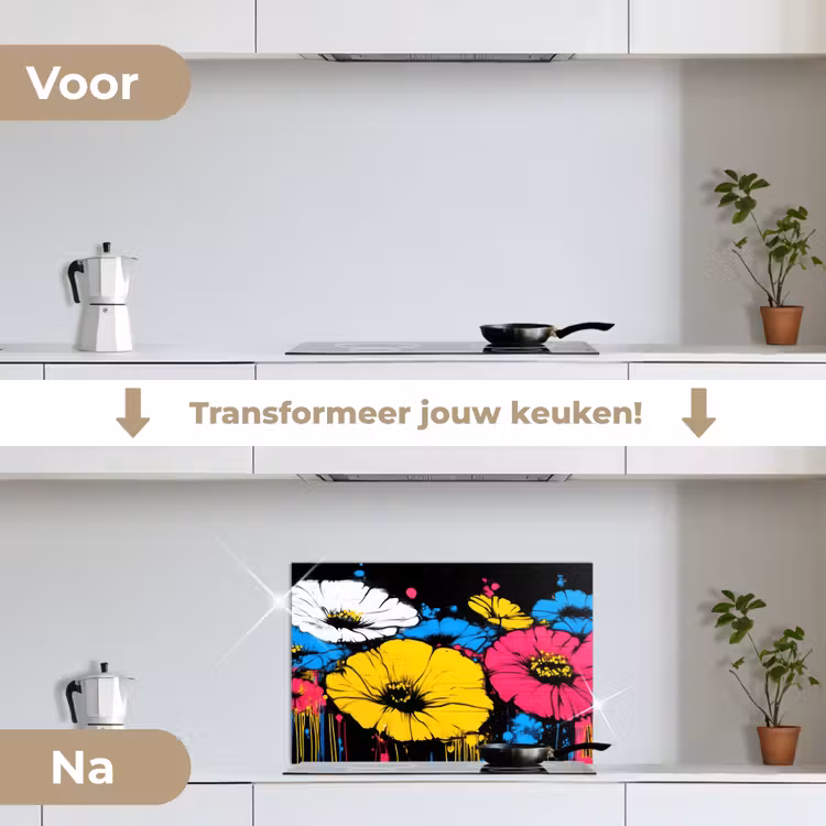 Graffiti - Bloemen - Kleur keuken achterwand spatscherm klein -voor_na_NL