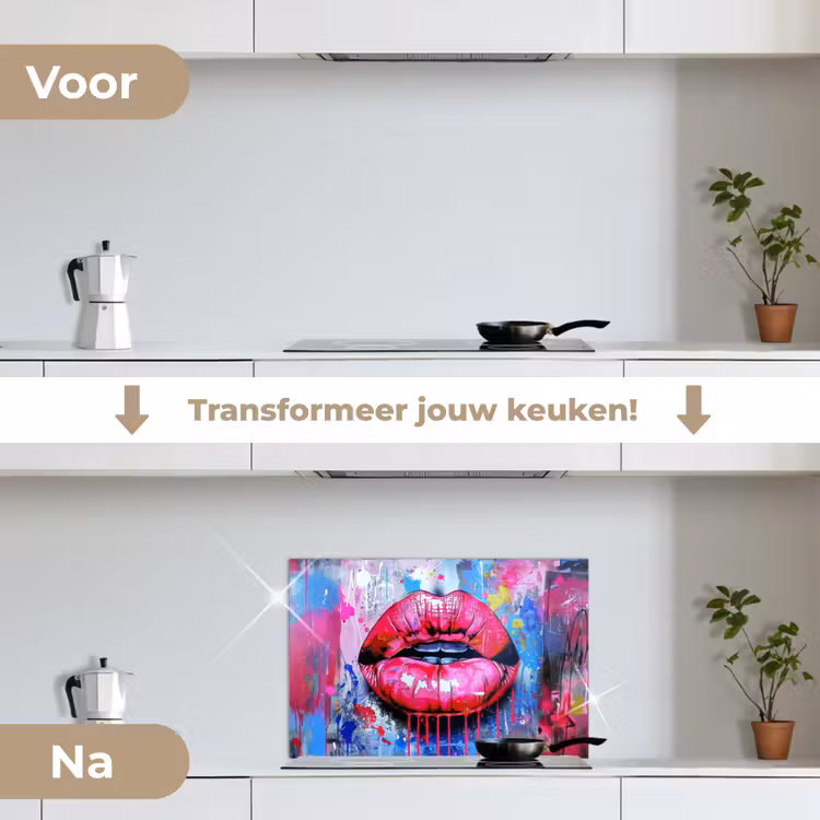 Graffiti - Lippen - Felroze - Geschilderd keuken achterwand spatscherm klein -voor_na_NL
