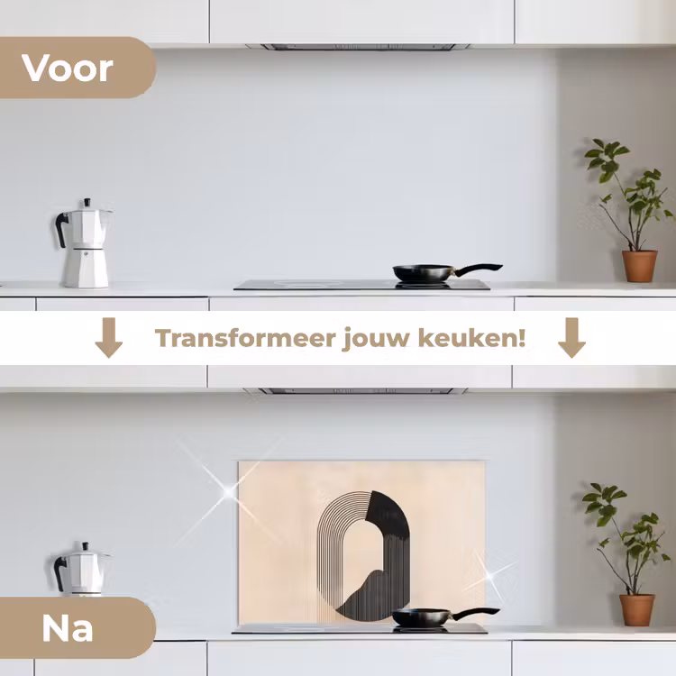 Grafisch gebogen motief - Beige keuken achterwand spatscherm klein -voor_na_NL
