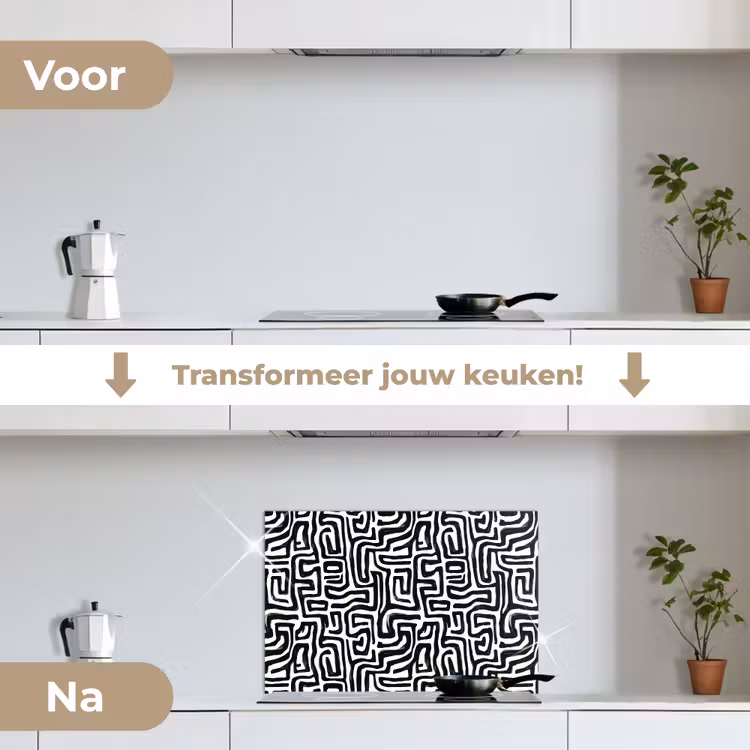 Grafisch - Lijnen - Zwart - Wit keuken achterwand spatscherm klein 900 -voor_na_NL