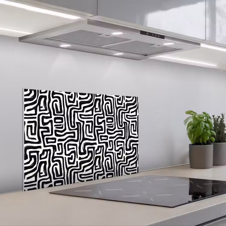 Grafisch - Lijnen - Zwart - Wit keuken achterwand spatscherm klein 900 -3d_schuin