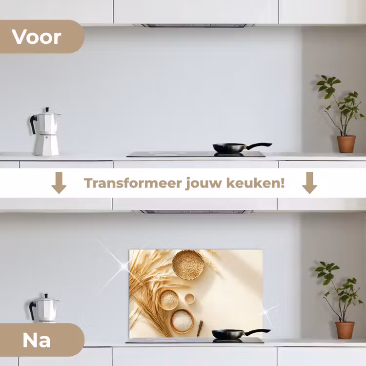 Granen - Hout - Kom - Beige keuken achterwand spatscherm klein -voor_na_NL