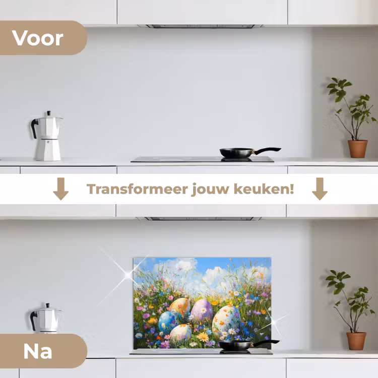 Grasveld - Eieren - Bloemen keuken achterwand spatscherm klein -voor_na_NL