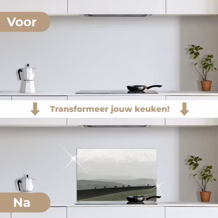 Grijs - Berg - Paarden keuken achterwand spatscherm klein -voor_na_NL