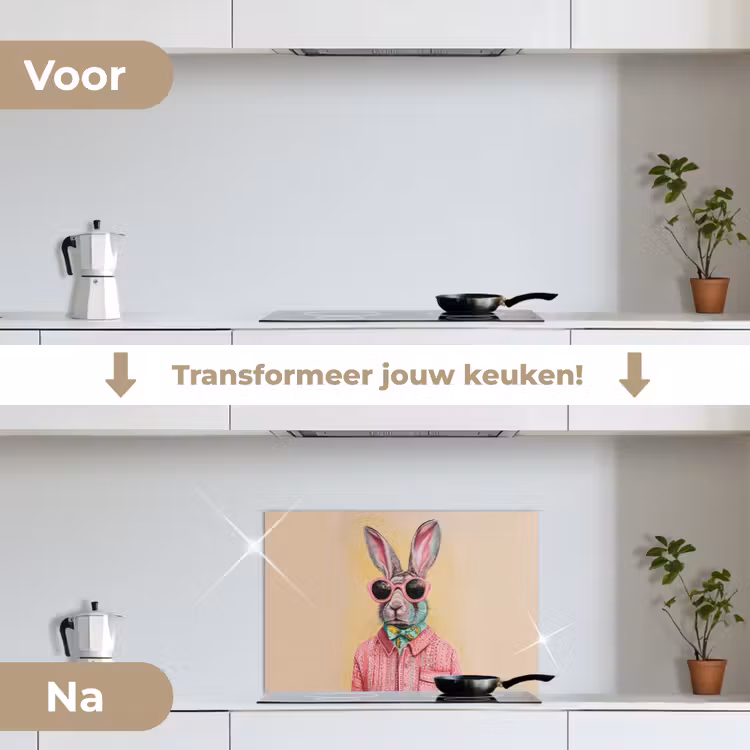 Grijs - Konijn - Blouse - Strik keuken achterwand spatscherm klein -voor_na_NL