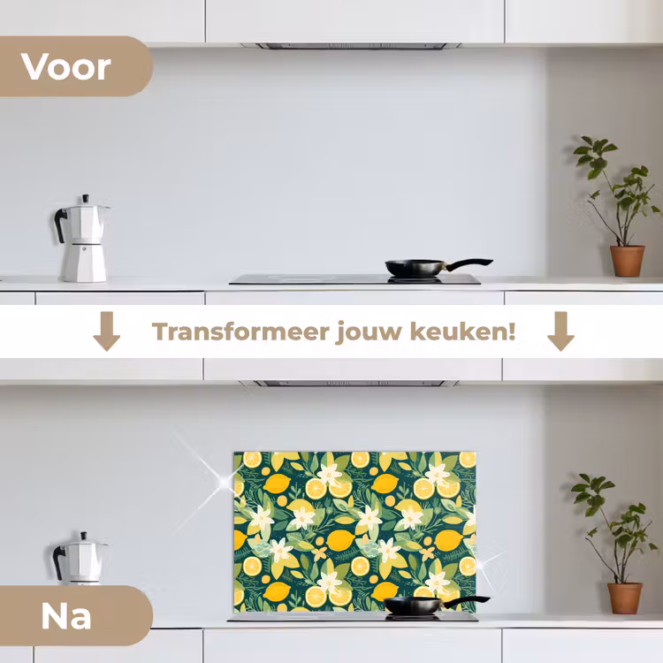 Groen - Bloemen - Citroenpartjes keuken achterwand spatscherm klein 900 -voor_na_NL