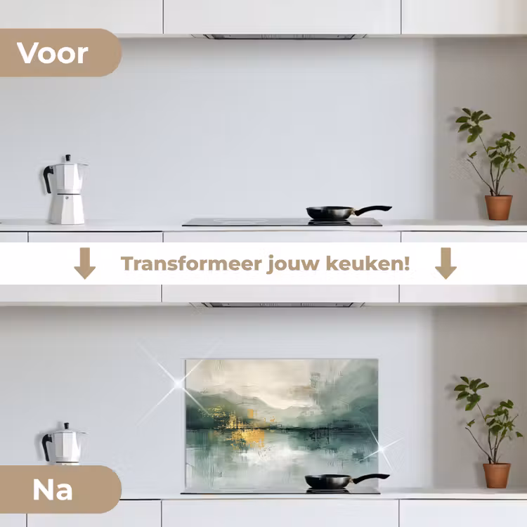 Groen - Modern - Abstract - Goud keuken achterwand spatscherm klein -voor_na_NL