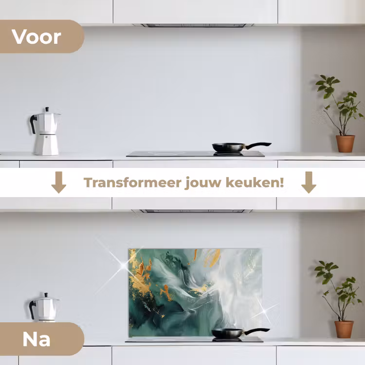 Groen - Modern - Marmer - Abstract keuken achterwand spatscherm klein -voor_na_NL
