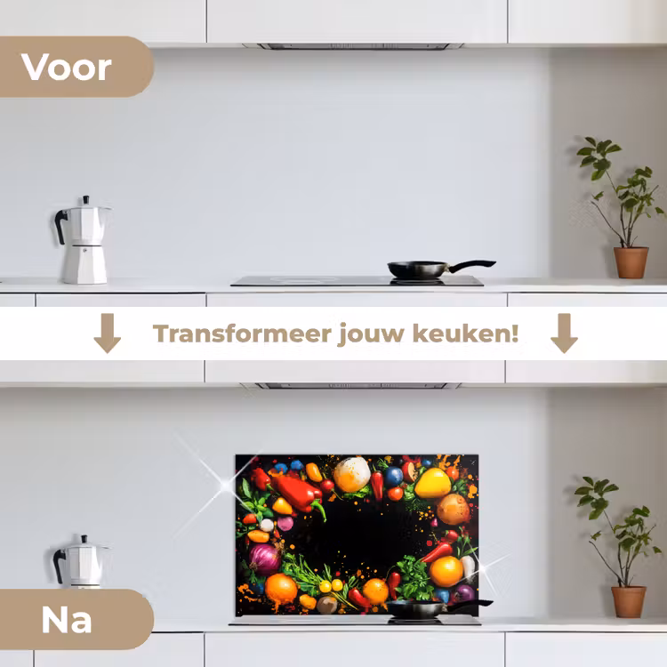 Groente - Graffiti - Kleurrijk - Koken - Abstract keuken achterwand spatscherm klein -voor_na_NL