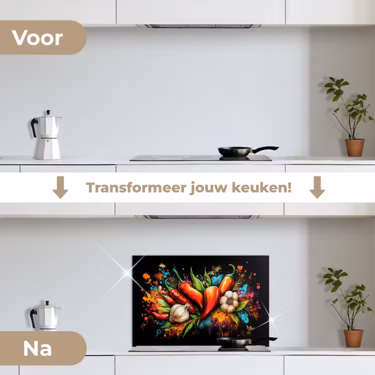 Groente - Peper - Knoflook - Graffiti - Verf - Kleurrijk keuken achterwand spatscherm klein -voor_na_NL