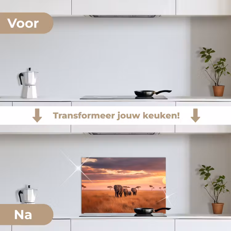 Groep olifanten - Open vlakte - Zon keuken achterwand spatscherm klein -voor_na_NL