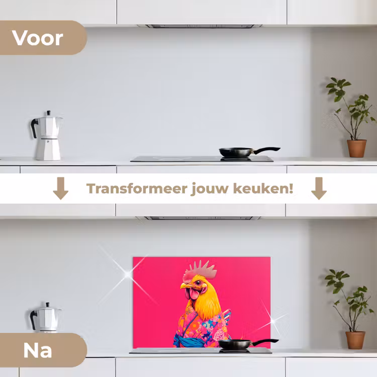 Haan - Kleurrijk - Kimono - Roze keuken achterwand spatscherm klein -voor_na_NL