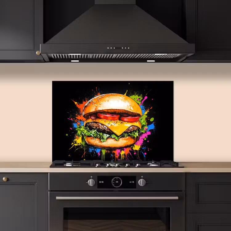 Hamburger - Graffiti - Verf - Kleurrijk - Eten - Abstract keuken achterwand spatscherm klein -sfeer1