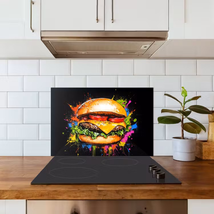 Hamburger - Graffiti - Verf - Kleurrijk - Eten - Abstract keuken achterwand spatscherm klein -sfeer2