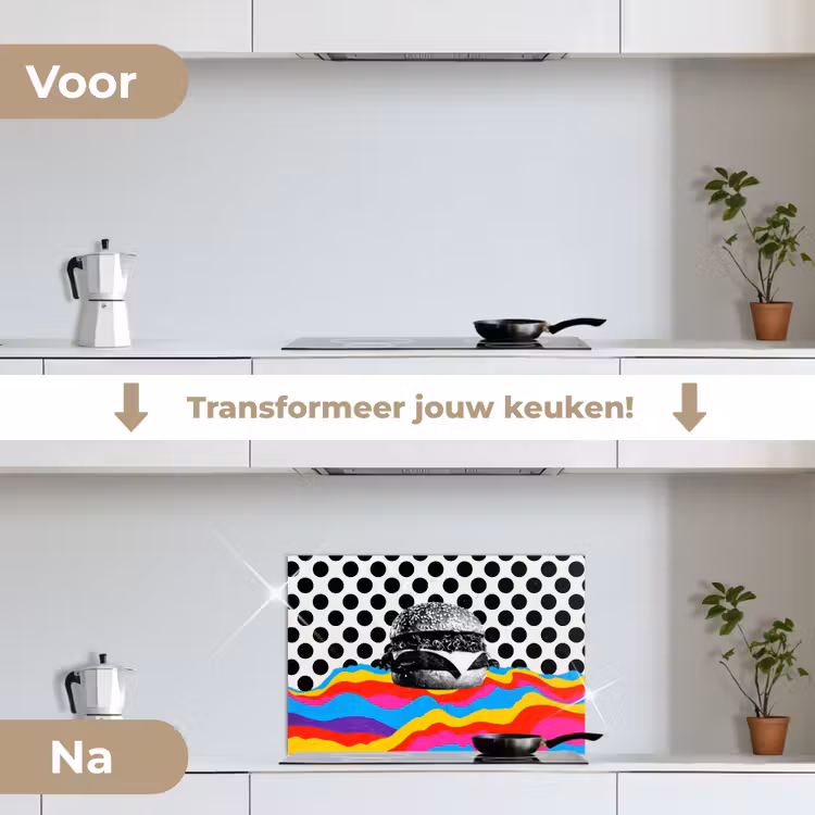 Hamburger - Stippen - Golven - Kleuren keuken achterwand spatscherm klein -voor_na_NL